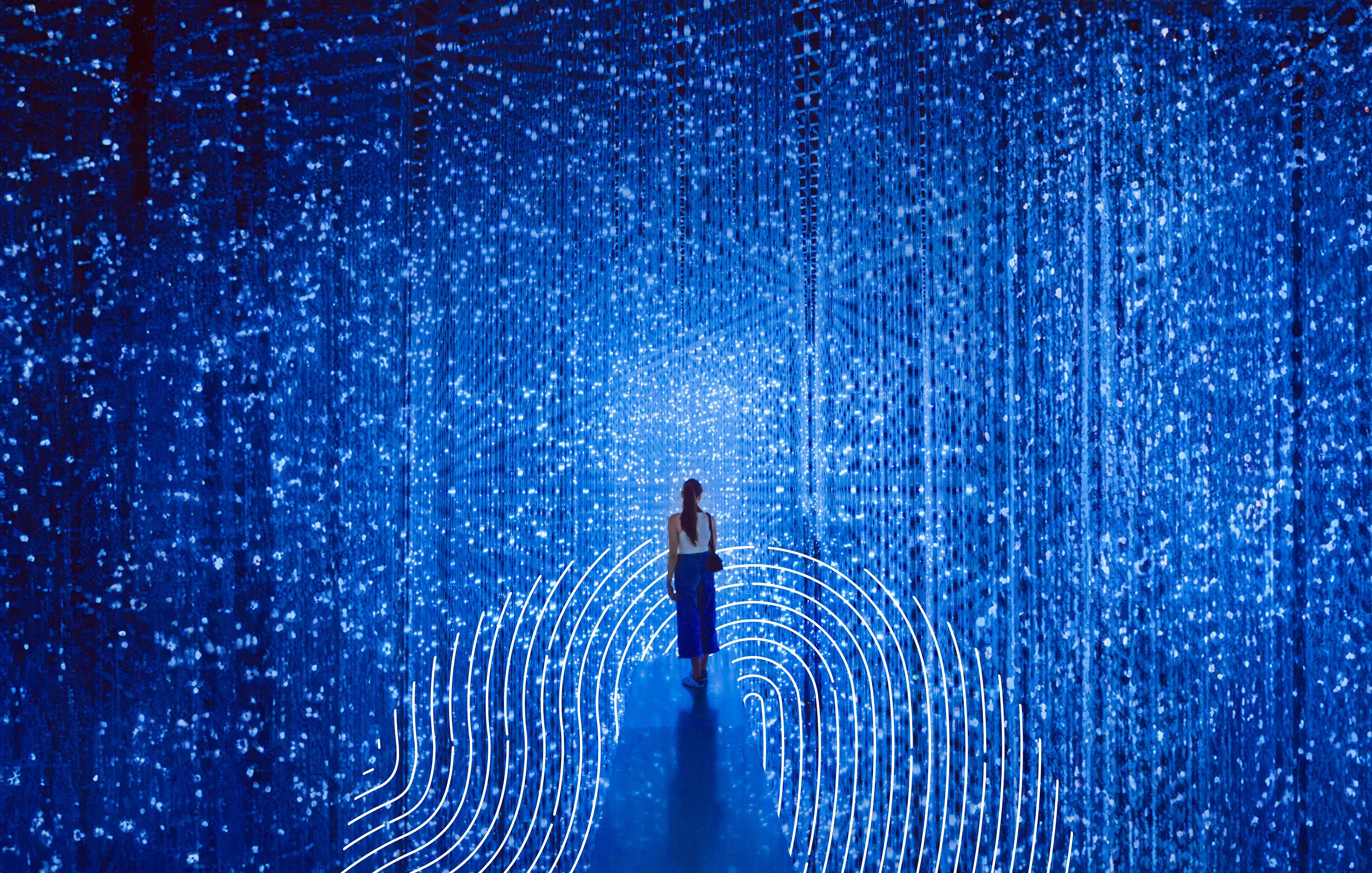 Image of Woman Walking in Blue Computer Code Falling Like Rain